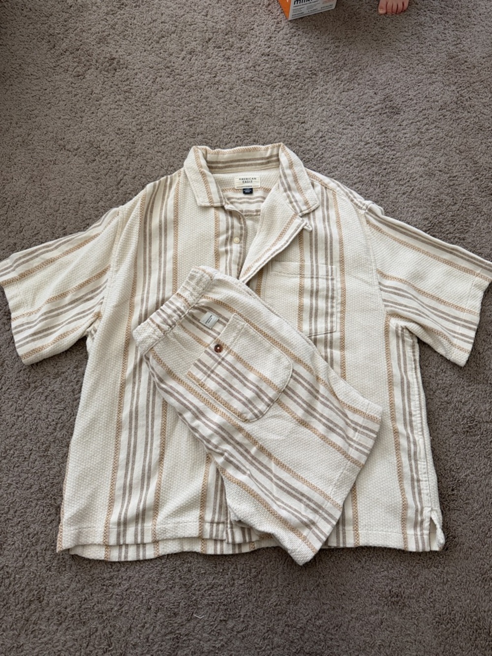 American Eagle Outfitters Cream & Tan Striped Camp Shirt
